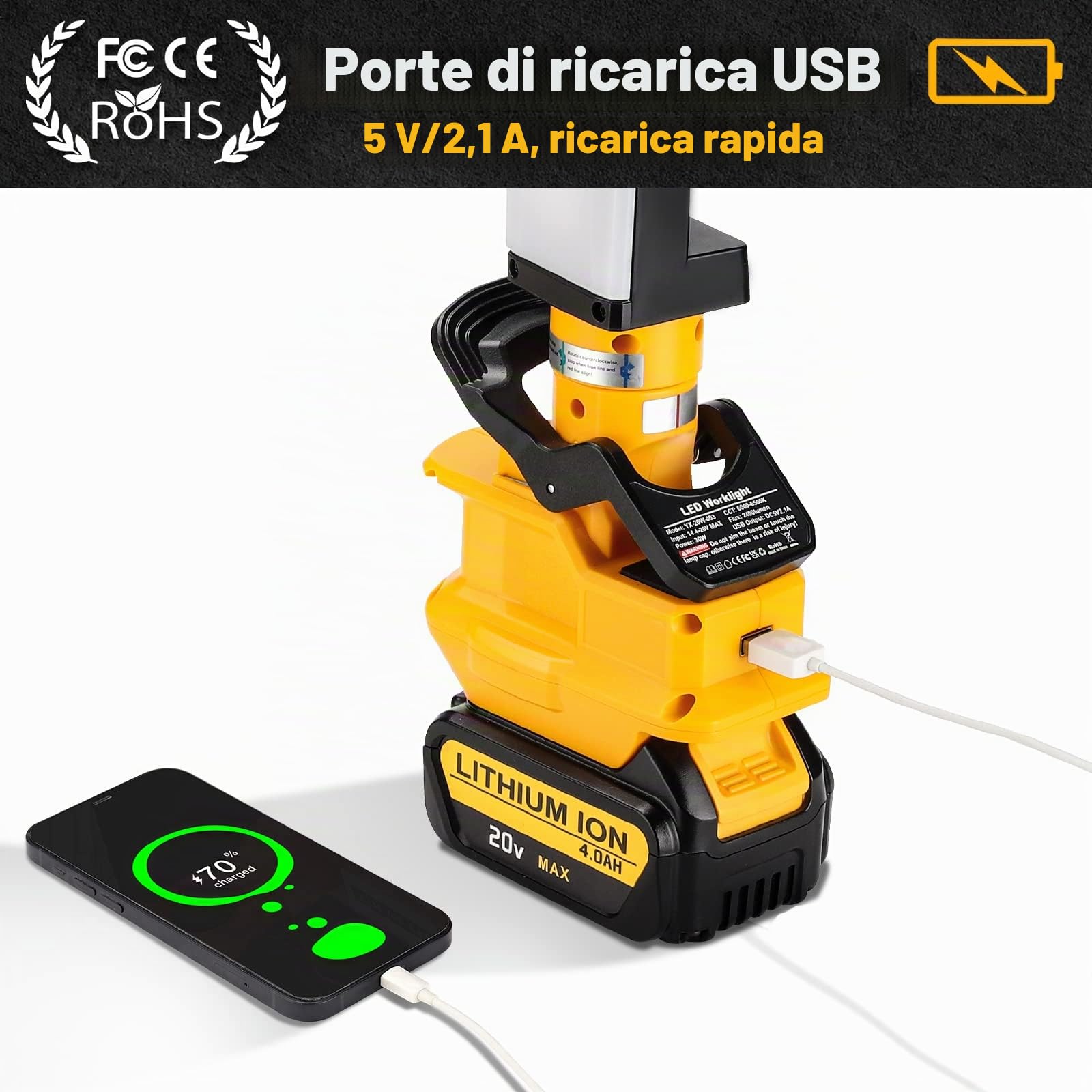 Taingwei Luce da Lavoro a LED 2400LM con Clip Compatibile con Batteria al Litio Dewalt 18V, Luce di inondazione da 30W per Riparazione Auto, Campeggio, Illuminazione di Emergenza e Cantiere