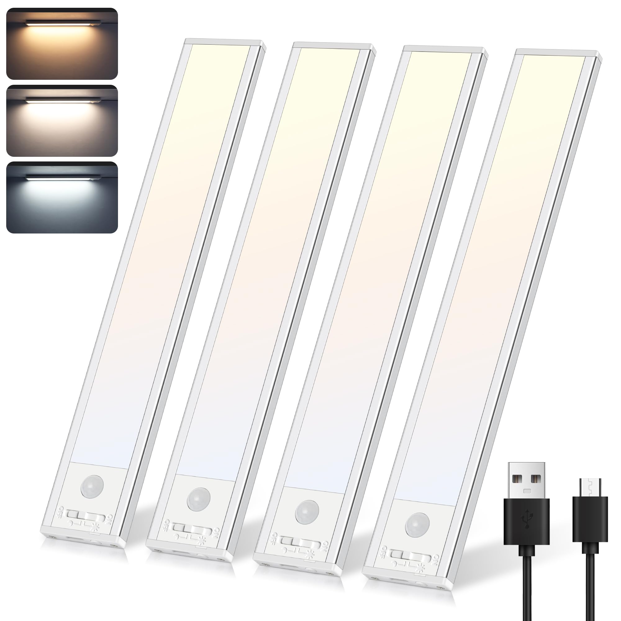 Befurglor Under Cabinet Kitchen Lights, 3 Color & Stepless Brightness, 4 Modes, 26cm Motion Sensor Light, 2000mAh Rechargeable LED Magnetic Strip Lights for Closet, Cupboard, Stair (4 Pack, Silver)