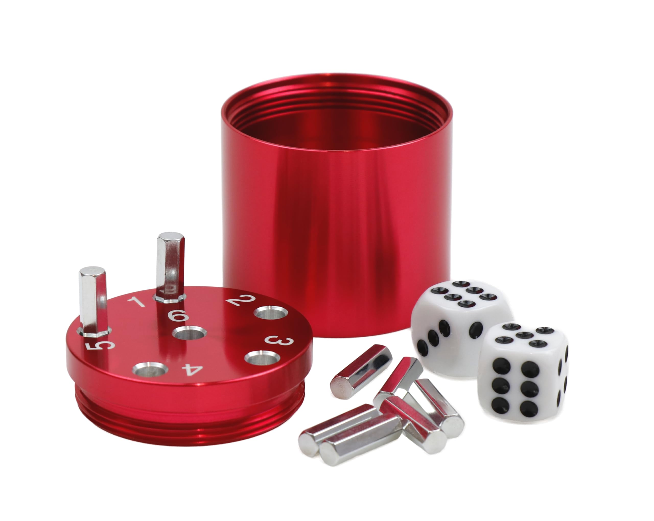 BestSaller 3004 SUPER SIX 'Travel' Aluminum czerwony, 5 x Ø 5 cm, 2 kostki i 36 patyczków do zabawy, pokrywka zamykana (1 sztuka)
