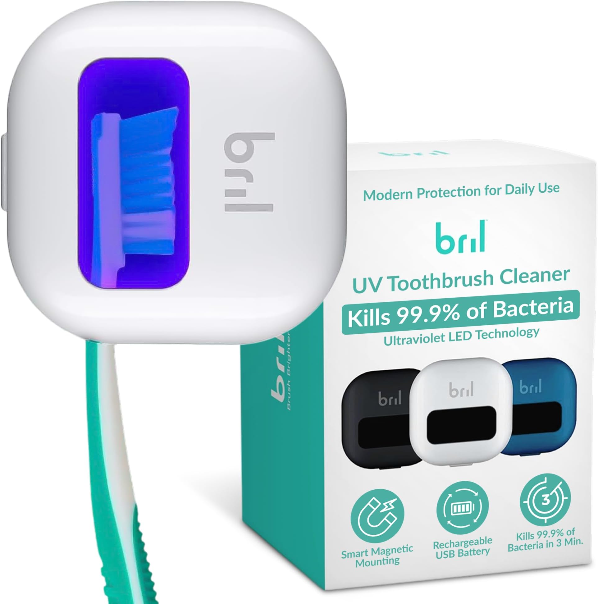 Bril UV-C Toothbrush Sanitizer Portable Sterilizer Cover Holder and Case for Any Size Toothbrush - White