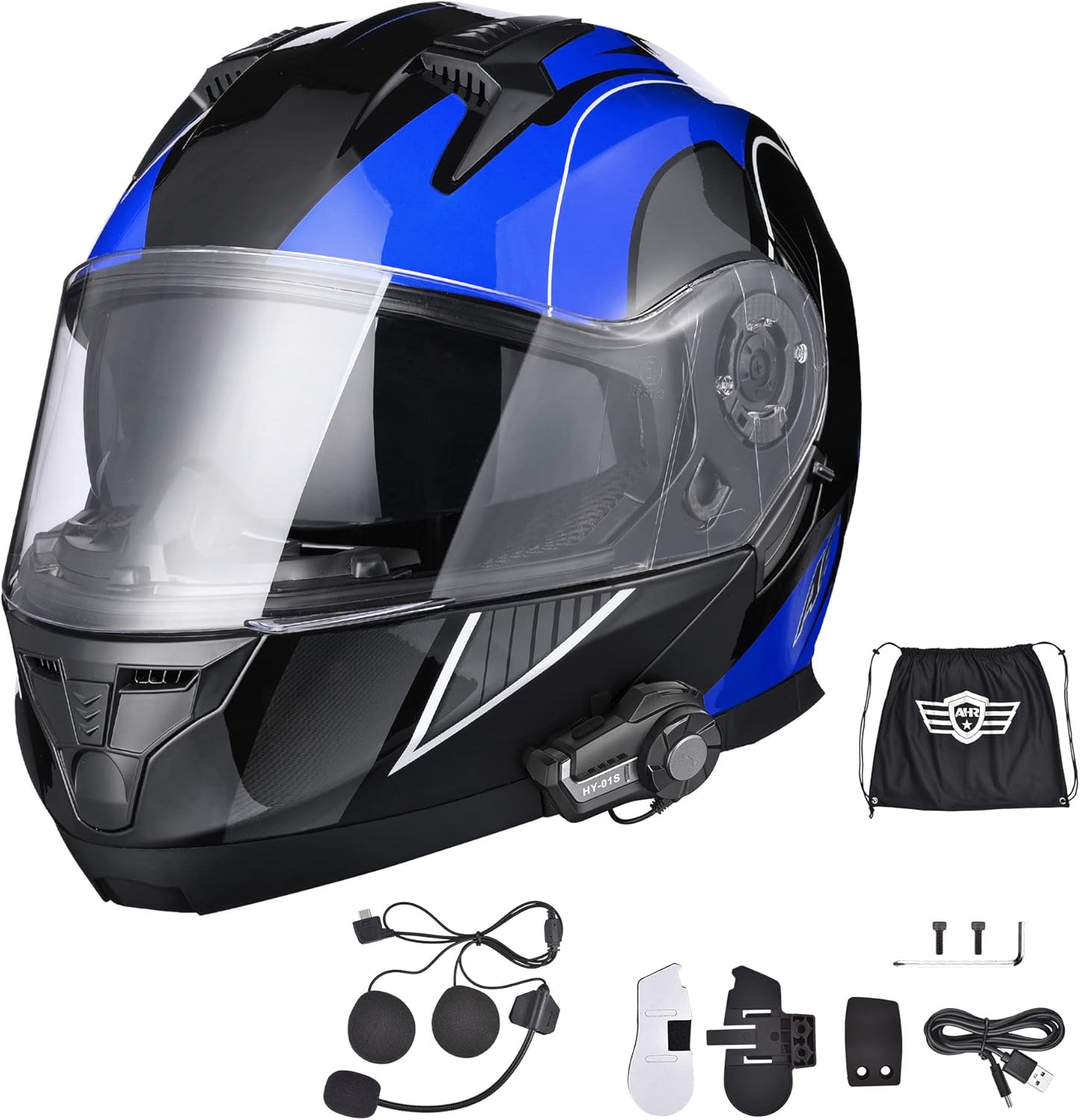 AHR Motorcycle Flip up Full Face DOT Helmet Bluetooth 5.0