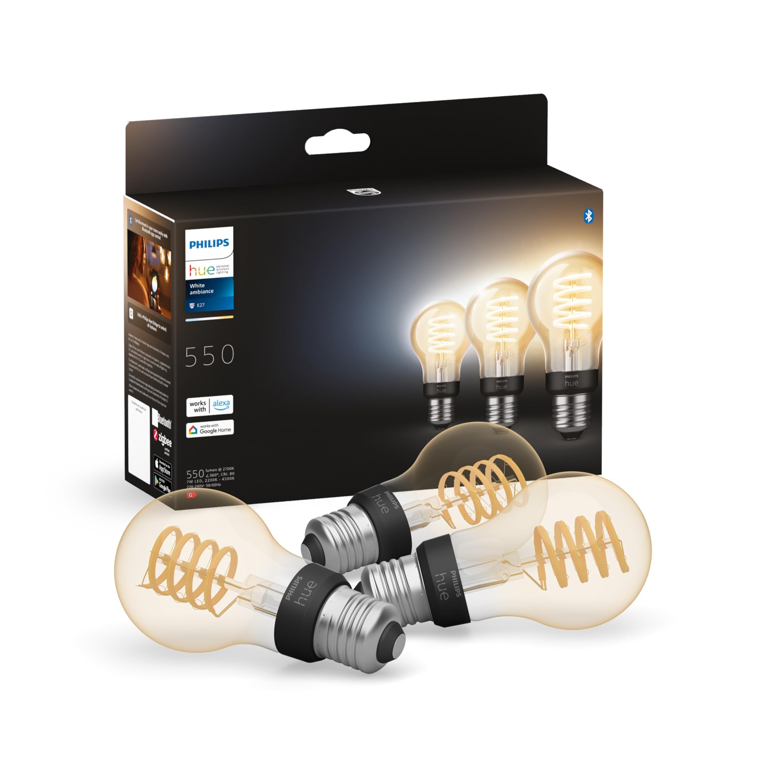 Philips Hue Philips Hue White Ambiance, ampoule LED connectée filament culot E27, compatible Bluetooth, pack de 3, fonctionne avec Alexa, Google et Apple Homekit