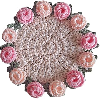Crochet Flower Bouquet Blanket Coasters, Handmade Knitted Finished Rose Tabletop Potted Flowers,Crochet Rose Romantic Knitted Gift for Girls Mom for Birthday,Anniversary,Valentines,Home Decor (Pink)