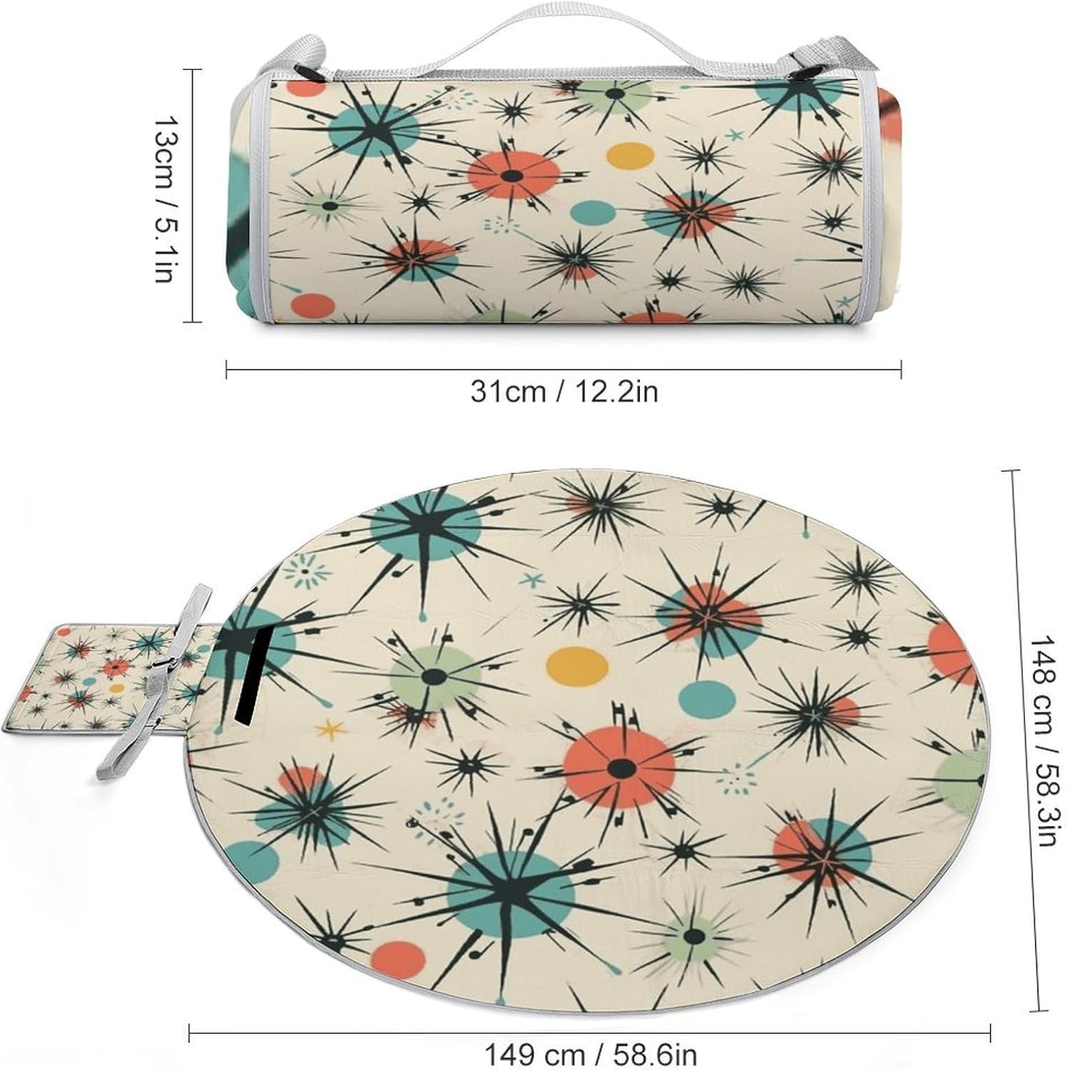Atomic Stars Retro Pattern Picnic Mat Lightweight Waterproof Picnic Blankets Extra Large Picnic Outdoor Blankets Foldable Sandproof Beach Blanket for Park Beach Camping Courtyard 58.3''x58.3''