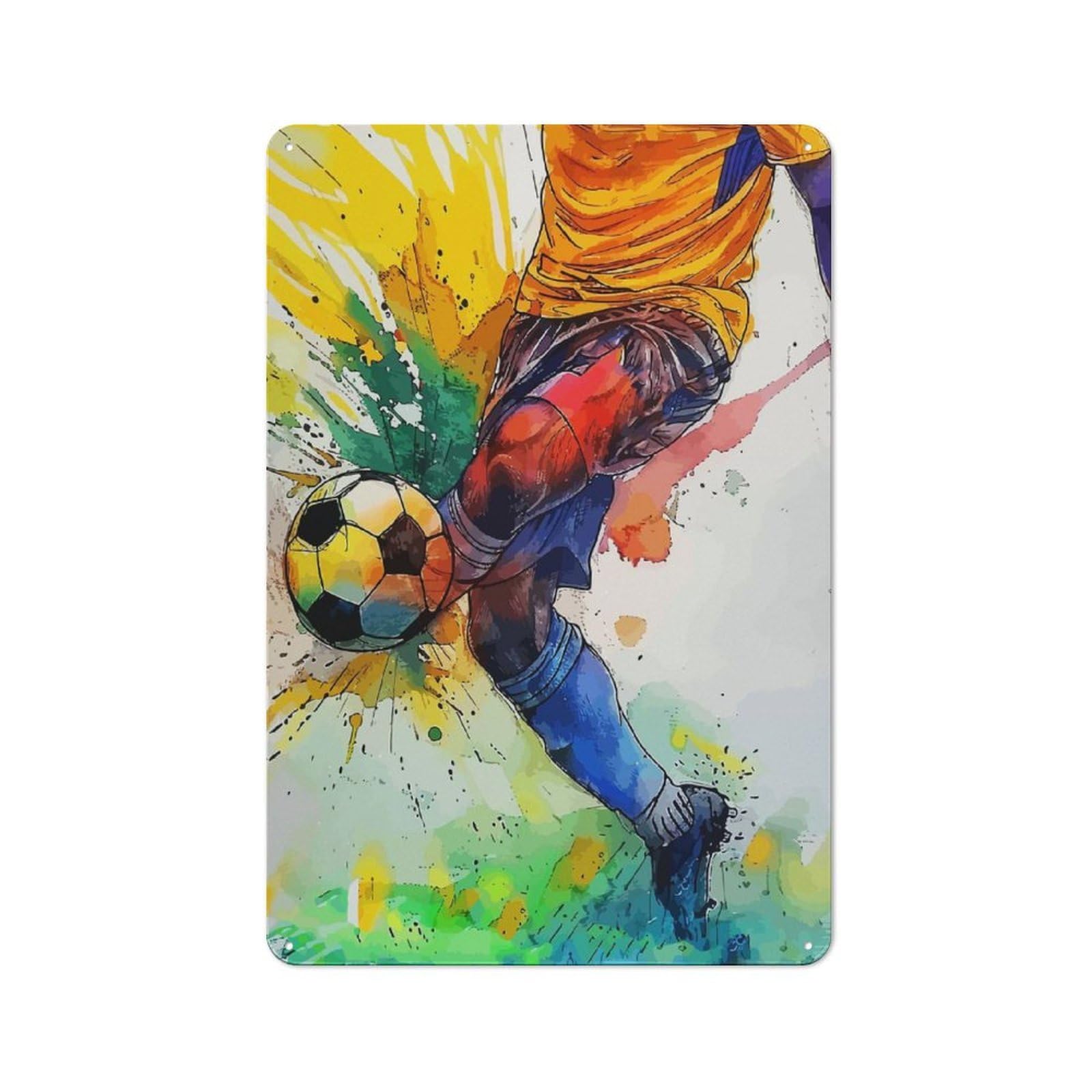 Junmoney Watercolor Soccer Player Kicking Ball Rustic Vintage Metal Sign 30X20cm Featuring Home Bar Decor For Cafe, Pub, Workshop Or Home Bar