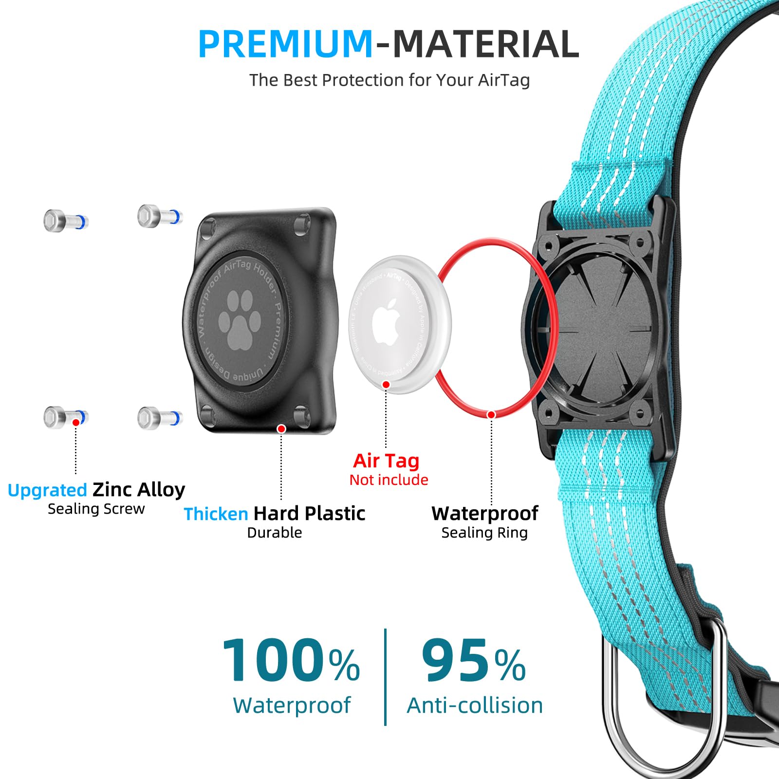 Upgraded AirTag Dog Collar, IP68 Waterproof Air Tag Dog Collar Holder, Reflective, Ultra-Durable, Comfortable Padded, Heavy Duty Dog Collars for Small Medium Large Dogs (M (12.6"-17.1"), Blue) - image 3