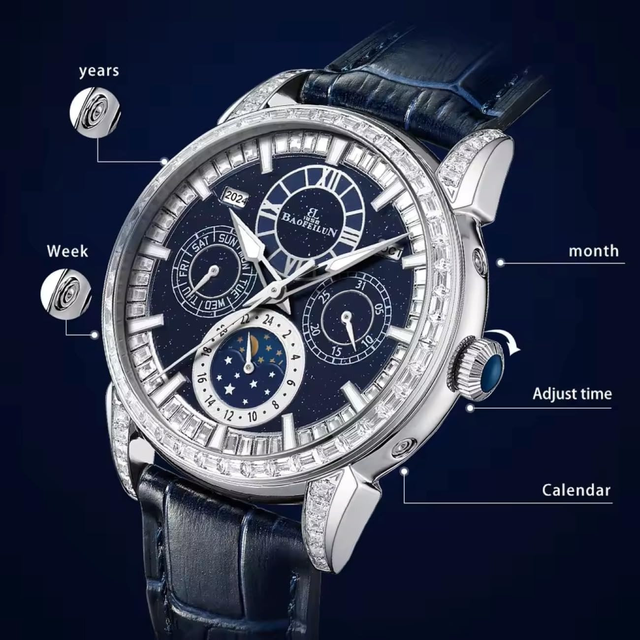 Automatic Watches for Men, Diamond Bezel Mechanical Watch with Full Calendar, Moonphase Watch Men, Luminous, Sapphire Crystal, Blue Dial, Italian Calfskin Leather Strap Luxury Watch for Casual Work, Gift for Him, 42mm