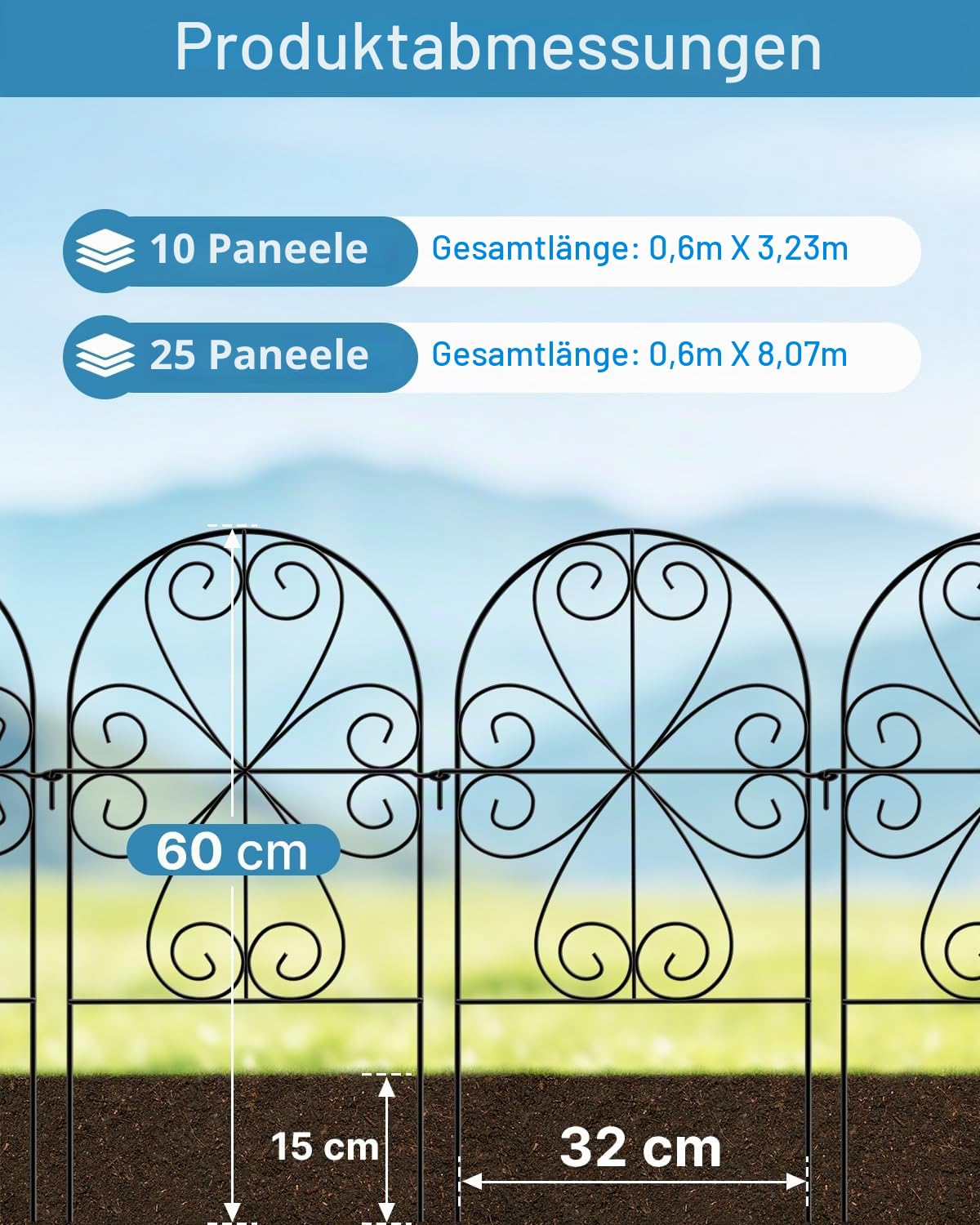 ARIFARO Metall Gartenzaun, 25 Paneele, 60 cm H x 32 cm B, Gesamtlänge 8 m | Rostbeständig, Dekorative Grenze für Outdoor Garten & Yard, Kleine Tierbarriere, Schwarz