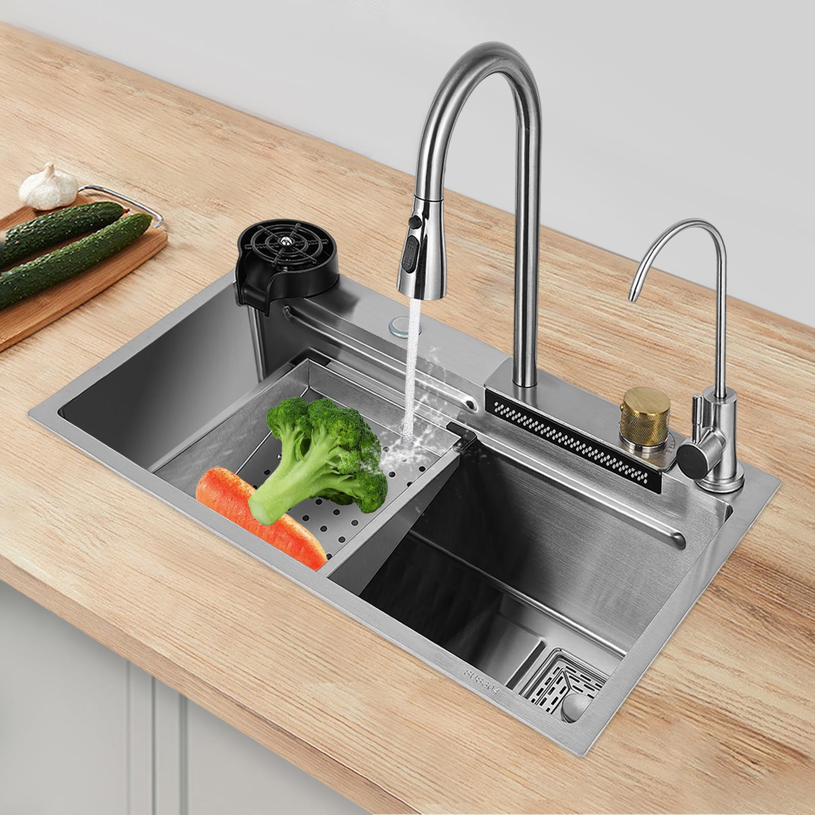 Fregadero de cocina rectangular de acero inoxidable, juego de fregadero de cocina con grifo extraíble, para cocinas, lavaderos, laboratorios, cafeterías, 68 x 45 x 21 cm