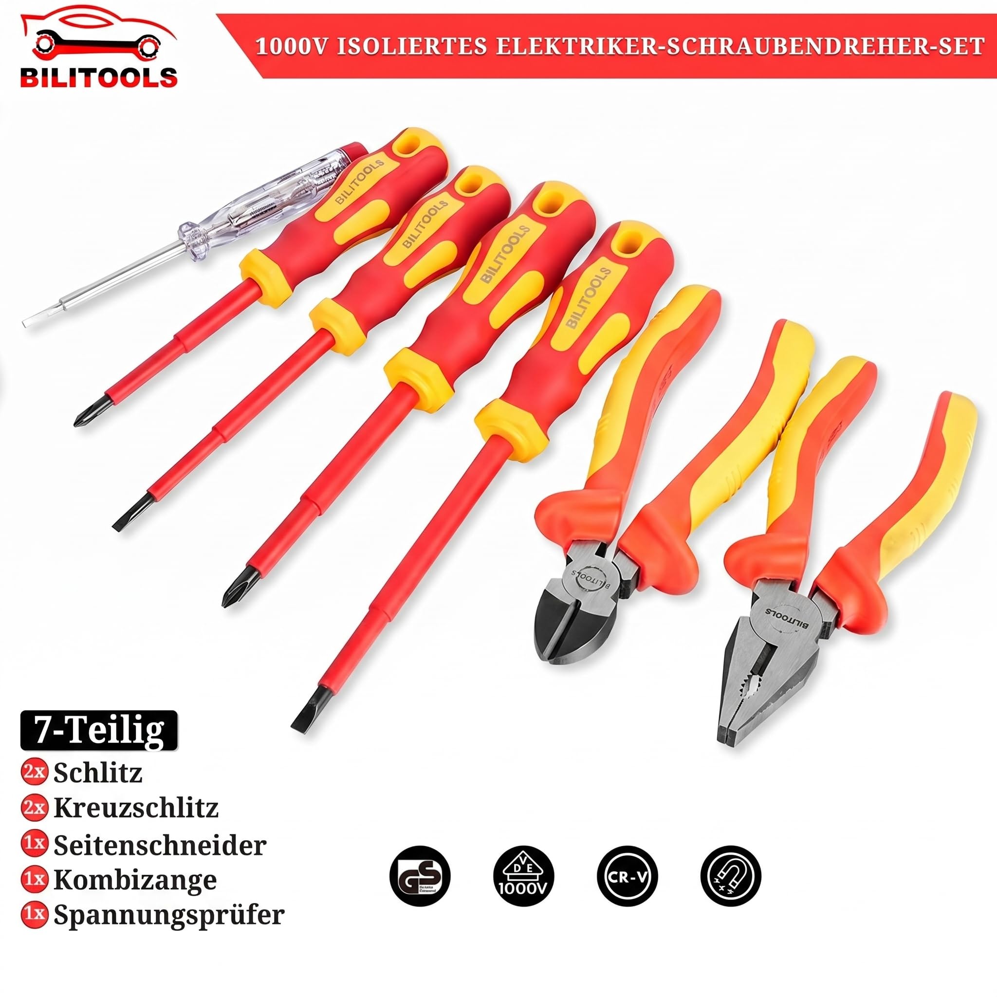 BILITOOLS Elektriker Werkzeug Set 7-tlg 1000V VDE Schraubendreher Zangen | Elektro Werkzeug Set 1000V isoliert, magnetische VDE Schraubenzieher Kreuz/Schlitz, Kombinationszange & Seitenschneider, GS