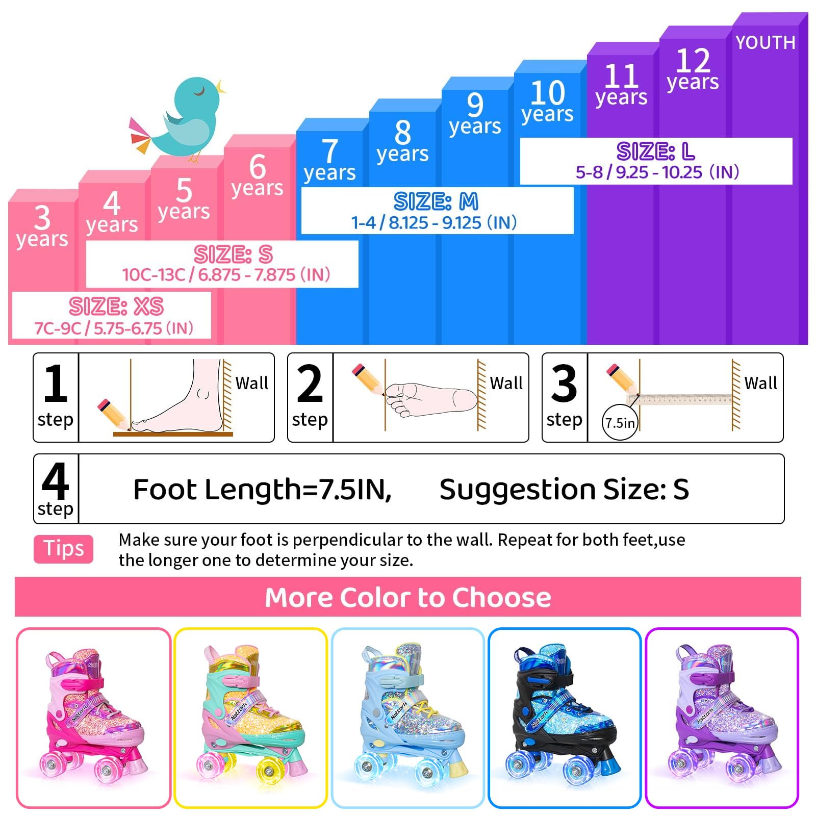 Nattork Kids Roller Skates for Girls Boys Kids, 4 Sizes Adjustable Fluorescent Quad Skates with Light up Wheels & Safety Protection - Cool Birthday Gift for Indoor Outdoor Sports