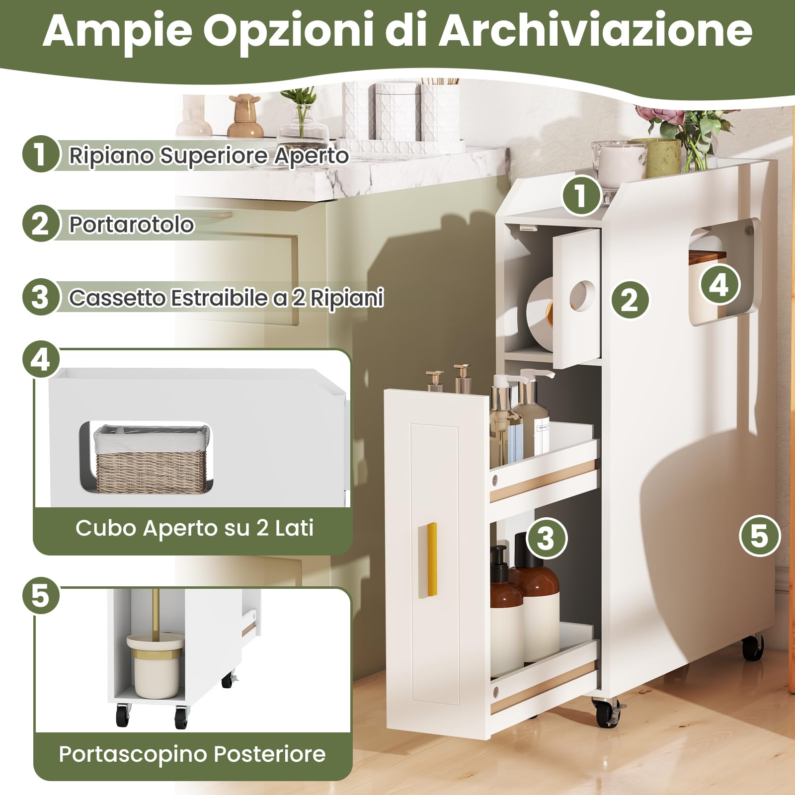 RELAX4LIFE Mobile da Bagno Stretto, Carrellino Salvaspazio con Ruote, Organizzatore Mobiletto Bagno, Porta Carta Igienica, per Spazi Ridotti, 16 x 50 x 69 cm (Bianco)