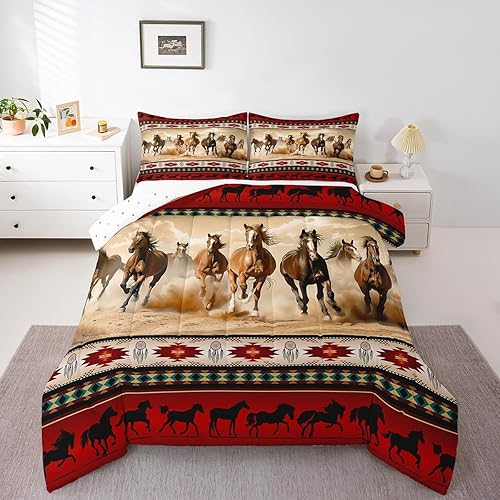 Miniatura 3 de Erosebridal - Juego de edredón con diseño de caballos rojo, juego de cama sudoccidental nativo azteca, inserto de edredón de animales occidentales,