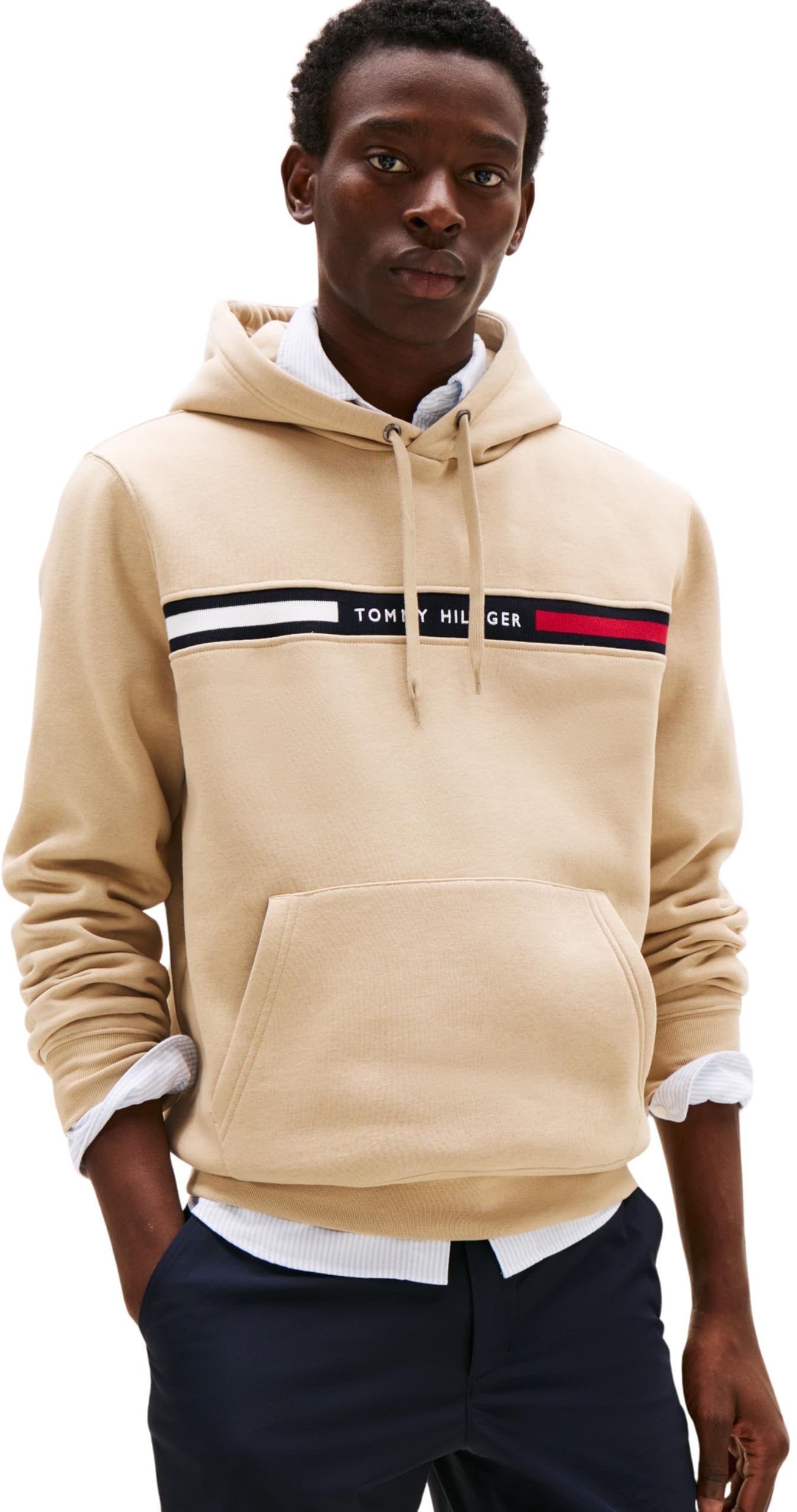Tommy Hilfiger Men’s Chest Insert Hoodie with Kangaroo Pocket, Beige (Sandalwood), XXL