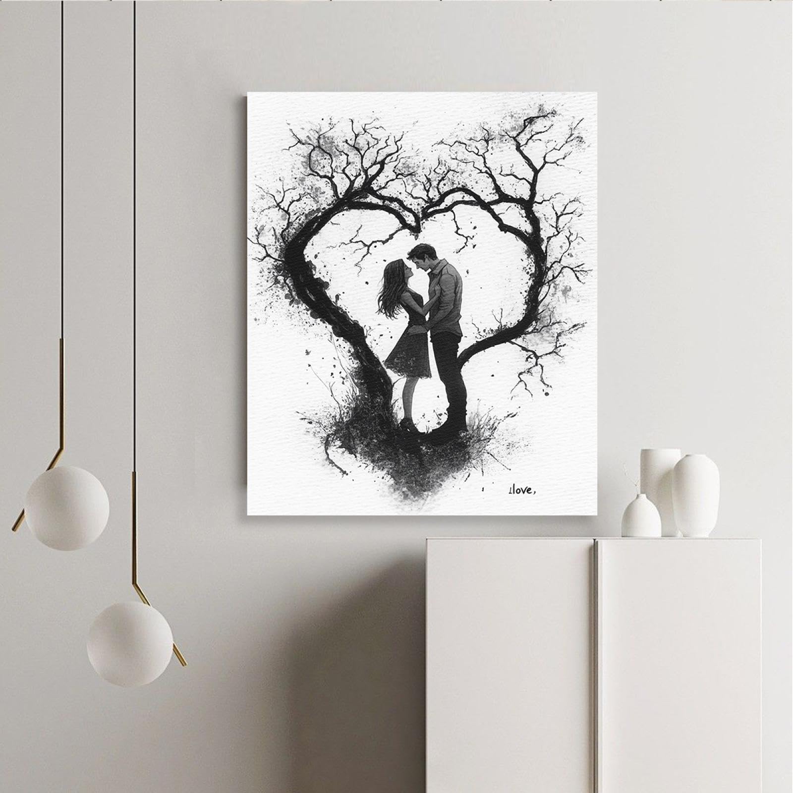 Creativo Amore Design Tela Arti Della Parete Rami A Forma Di Cuore E Giovane Coppia Opere D'arte Poster Per Il Soggiorno Lobby Room Wall Decor Bianco 60x80cm Innerframe