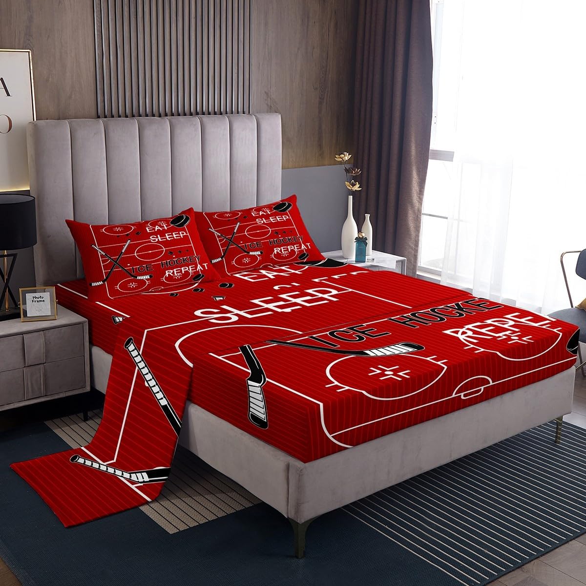jejeloiu Kids Soccer Sheet Set Queen Size Football Sheets with Deep Pocket Fitted Sheet Boys Girls Eat Sleep Bed Sheets Set Sports Theme Gaming Sports Navy Blue Bedding Set