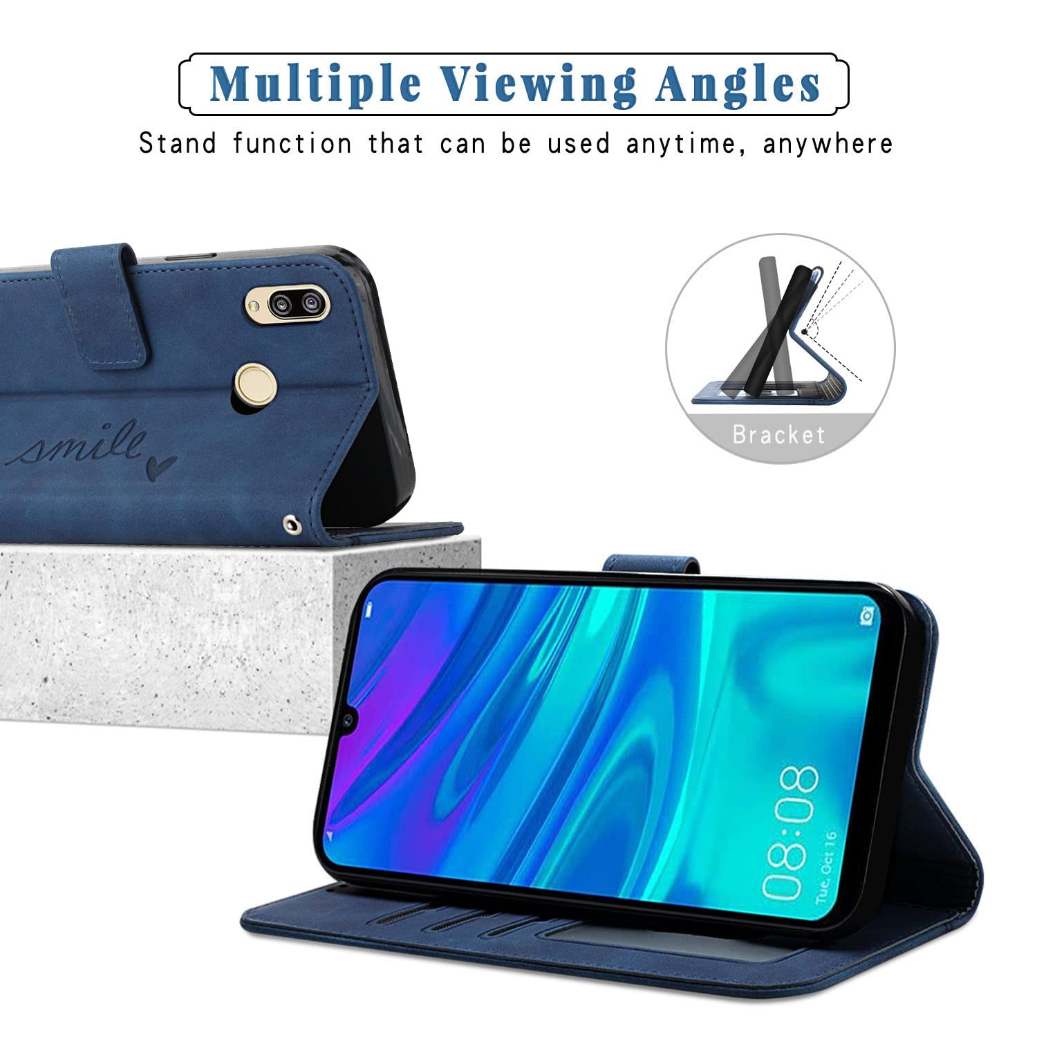 Bravoday Cover per Huawei Honor 10 Lite/Huawei P Smart 2019, Flip Custodia in Pelle PU Portafoglio Custodia per Huawei Honor 10 Lite/Huawei P Smart 2019, con Slot per Schede, Blu