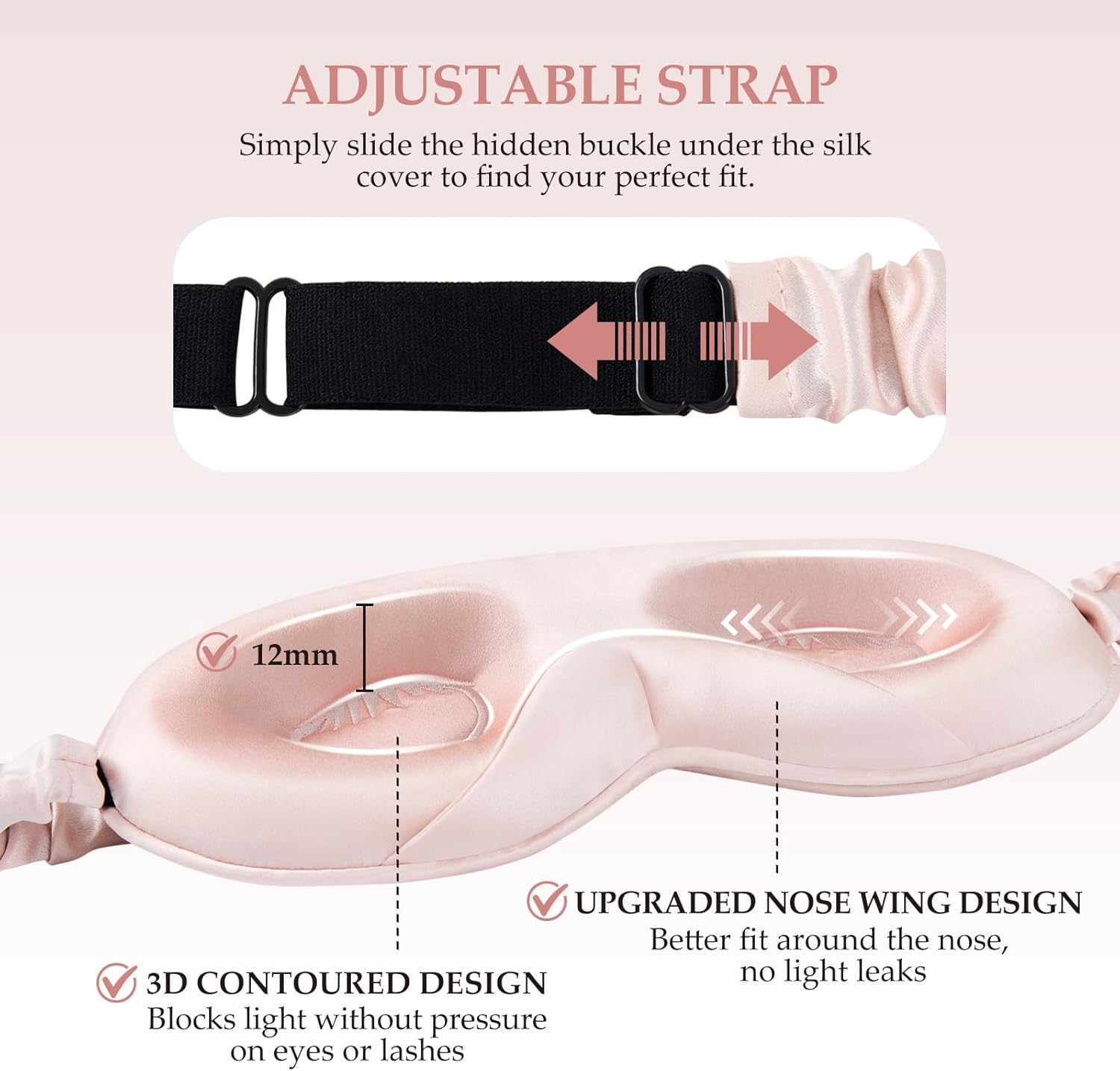 100% 22 Momme Mulberry Silk Sleep Mask with Adjustable Strap, 3D Contoured Cup Silk Eye Mask for Sleeping, Total Black Out, Pink - Image 4