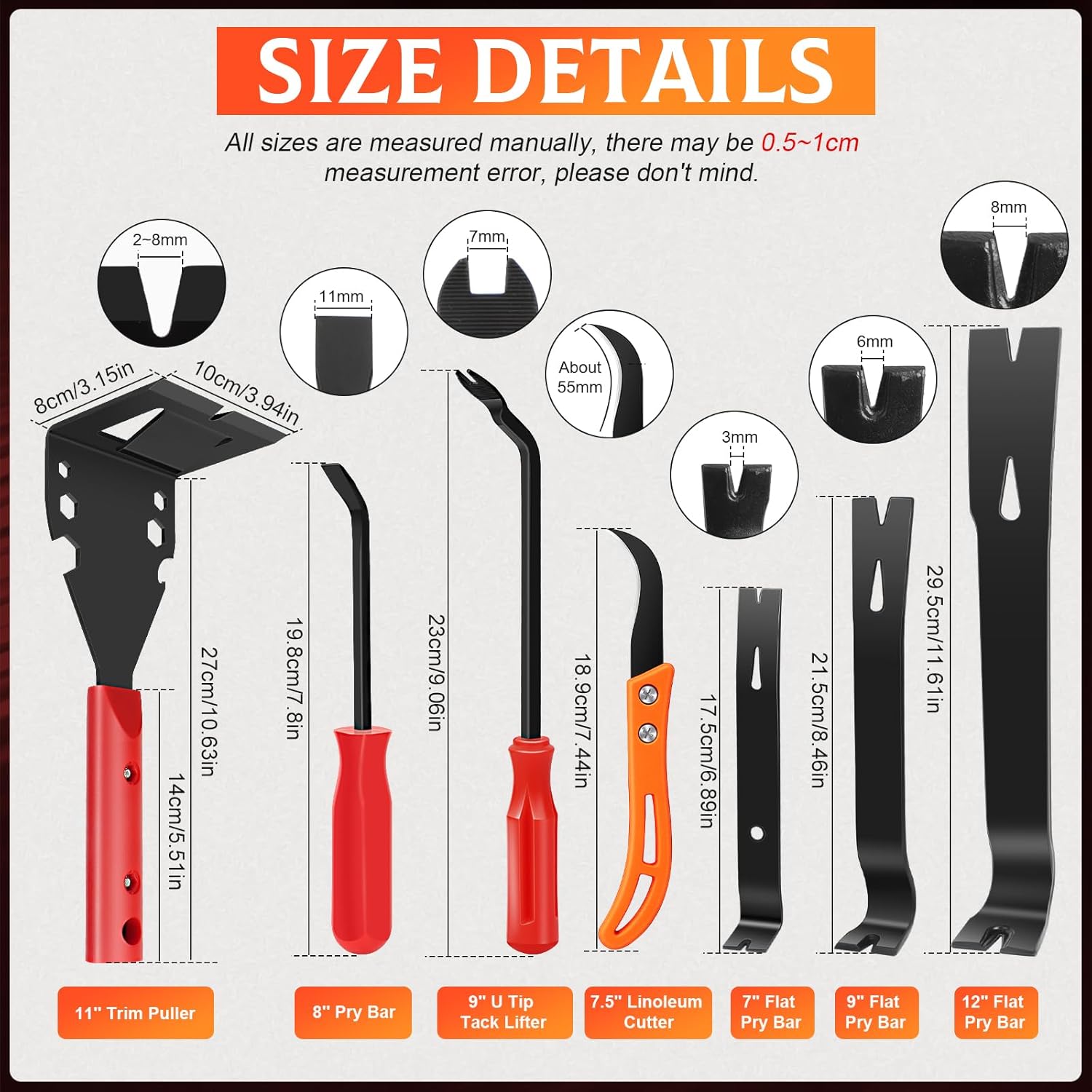 Trim Removal Tool, 7 PCS Pry Bar Set with Trim Puller, Pry Bar, Flat Pry Bar, Nail Puller, Linoleum Cutter, Trim Puller Tool for Baseboard, Molding, Siding, Crow Bar Tool for Car Wood Floor Home Work