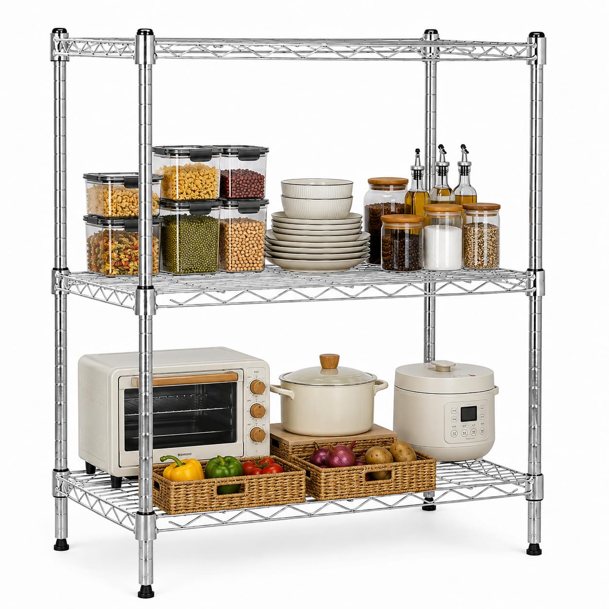 STORACK 3 Tier Heavy Duty Storage Rack for Kitchen, Office & Utility Organization | Wide Metal Wire Shelving Unit | Adjustable Chrome Shelf Stand for Home, Pantry & Shop | 76 x 35 x 76 CM