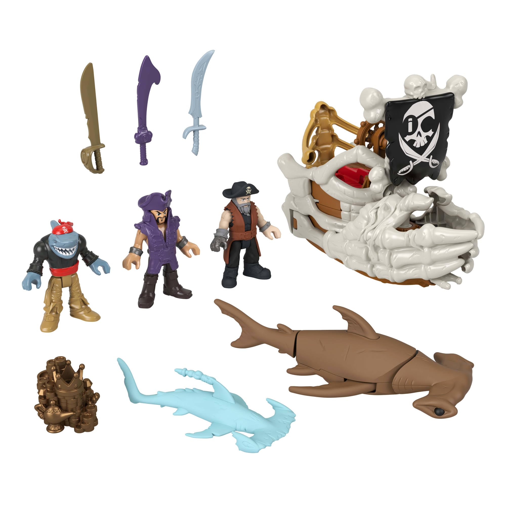 Fisher-Price Imaginext Billy Bones Pirate Bundle Playset with 3 Action Figures & Toy Boat with Skeleton Hands and Launcher, 7 Accessories, JLC51