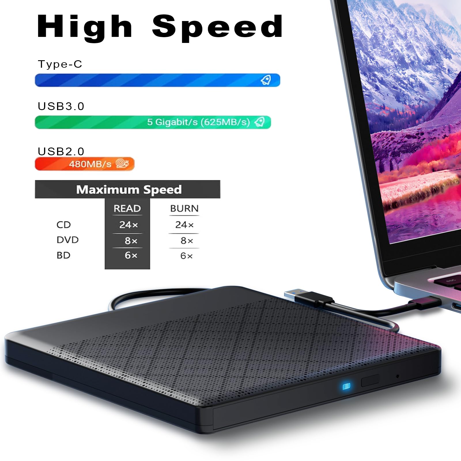 Lecteur Blu-ray externe DVD/BD lecture/écriture Lecteur Blu-ray portable USB 3.0 et enregistreur DVD de type C 4K Ultra Haute définition Enregistreur Blu-ray pour Win7/8/10/11/PC