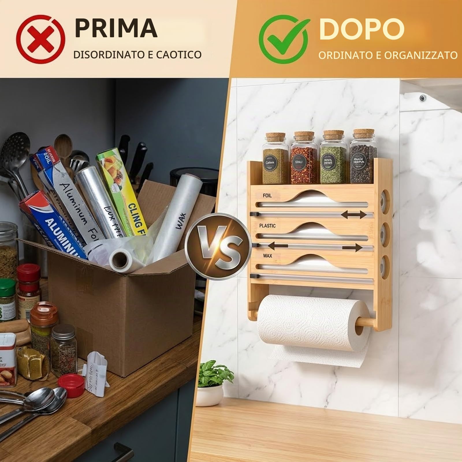 Dispenser di pellicola con taglierino,porta pellicola per cucina,pellicola di alluminio di bambù e pellicola trasparente organizer con coltello da taglio