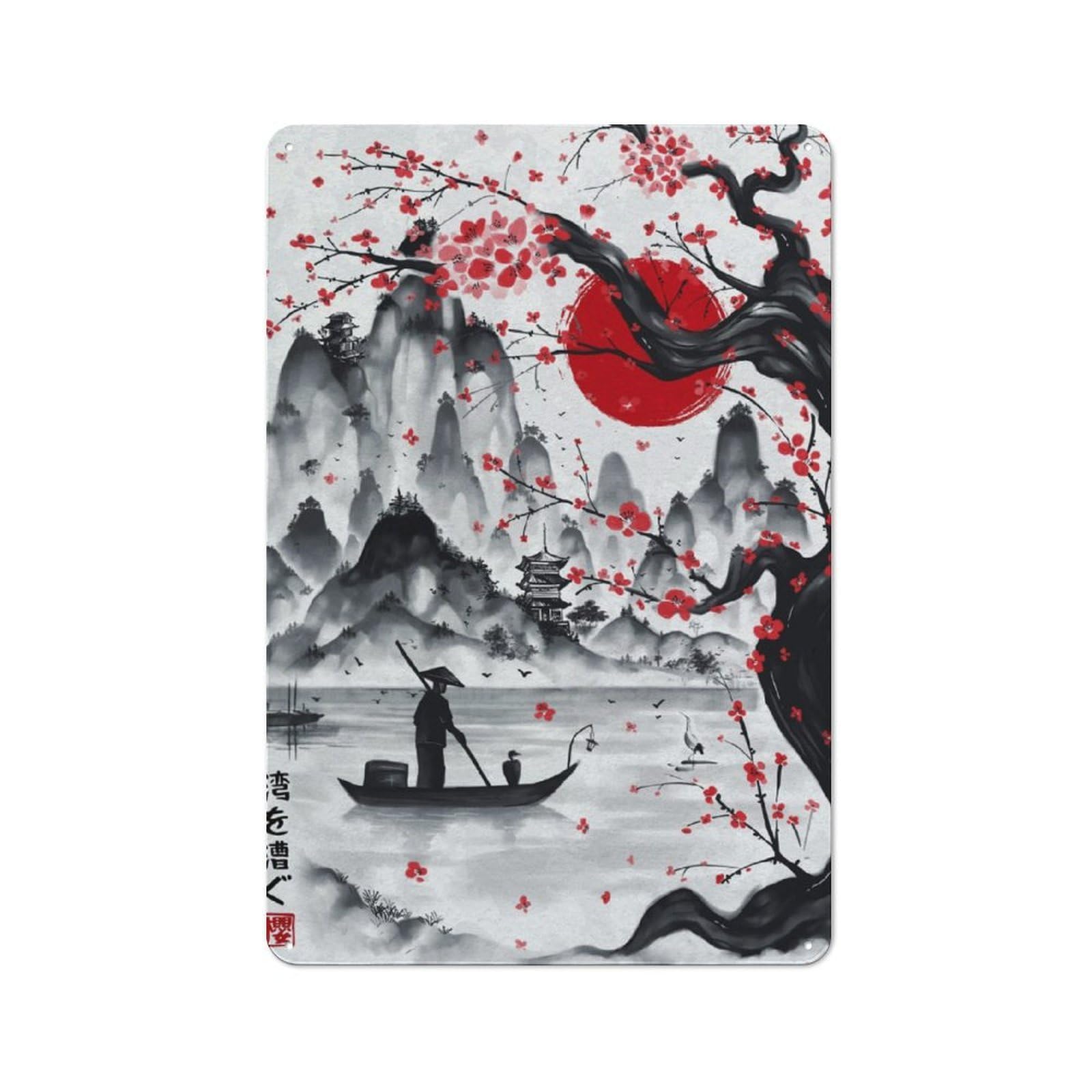 Junmoney Japanese Bay Ink Wash Metal Sign 30X20cm With For Workshop Wall, Rustic Decor, For Collectors Decorating Workshops And Hobby Rooms
