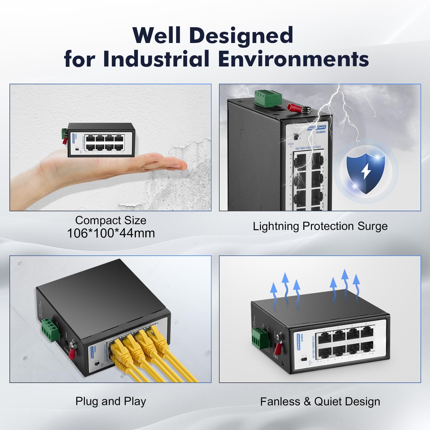 8-Port Mini-Gigabit-Industrieswitch, 100/1000 Mbit/s Ethernet, DIN-Schiene und Wandhalterung im Lieferumfang enthalten, YuLinca Unmanaged IP30 (-40 bis 185 °F) gehärteter Netzwerk-Switch