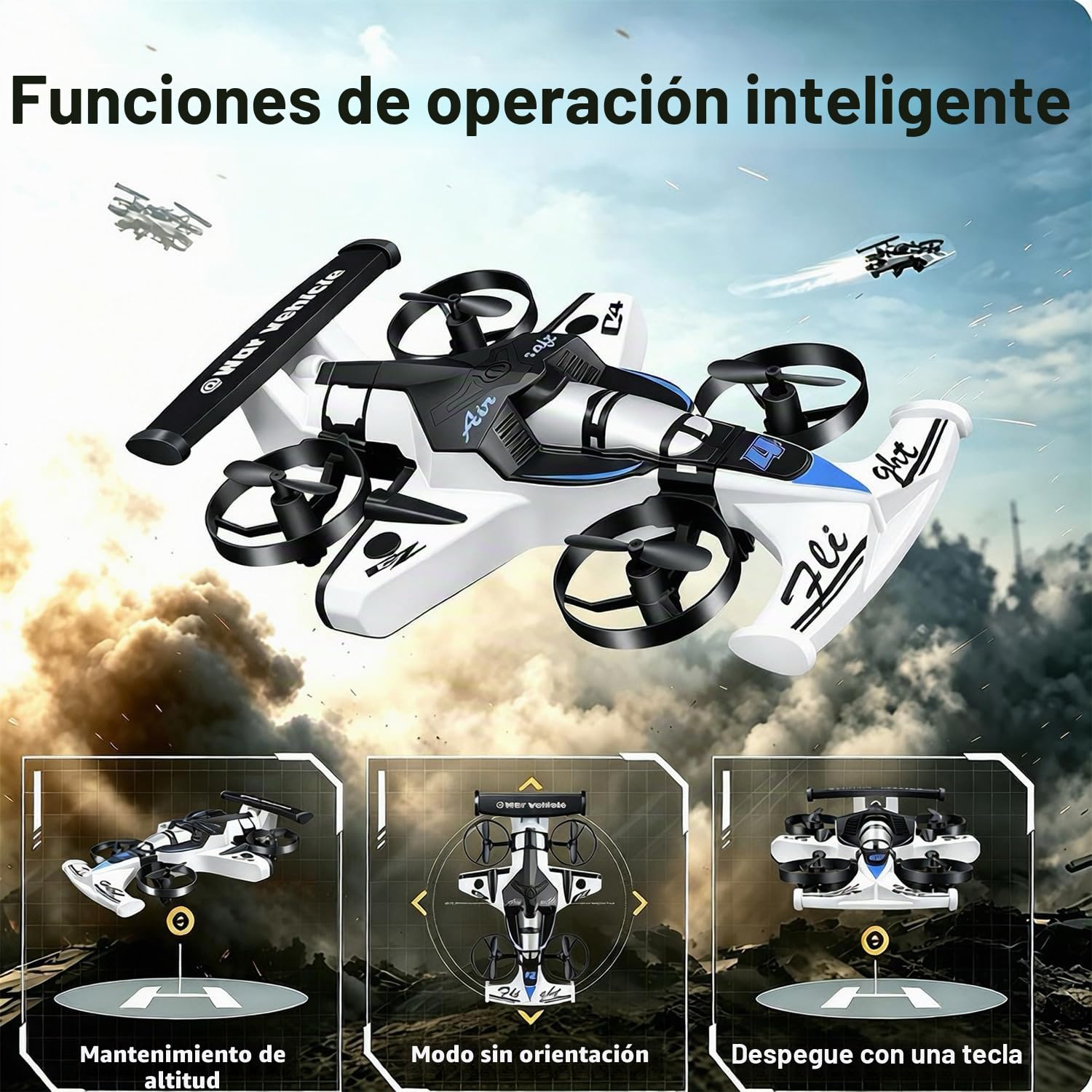HAWK'S WORK Dron Coche F1 2en1, Juguete RC Interior/Exterior (Blanco) | Modo dual coche/dron, controles fáciles, ligero, seguro para diversión en interiores y exteriores