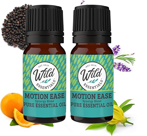 Wild Essentials - Mezcla de sinergia de aceite esencial 100% puro "Motion Ease", paquete de 2 unidades de 0.3 fl oz, fórmula para mareo, náuseas,