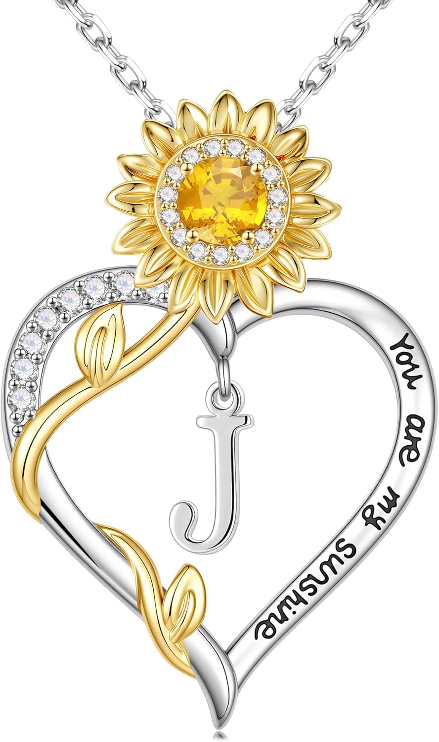 Turandoss Mothers Day Gifts for Mom, Dainty 14K White Gold Plated Initial A-Z Heart Sunflower CZ Pendant Necklace You Are My Sunshine Birthday Jewelry Mothers Day Gifts for Mom Daughter