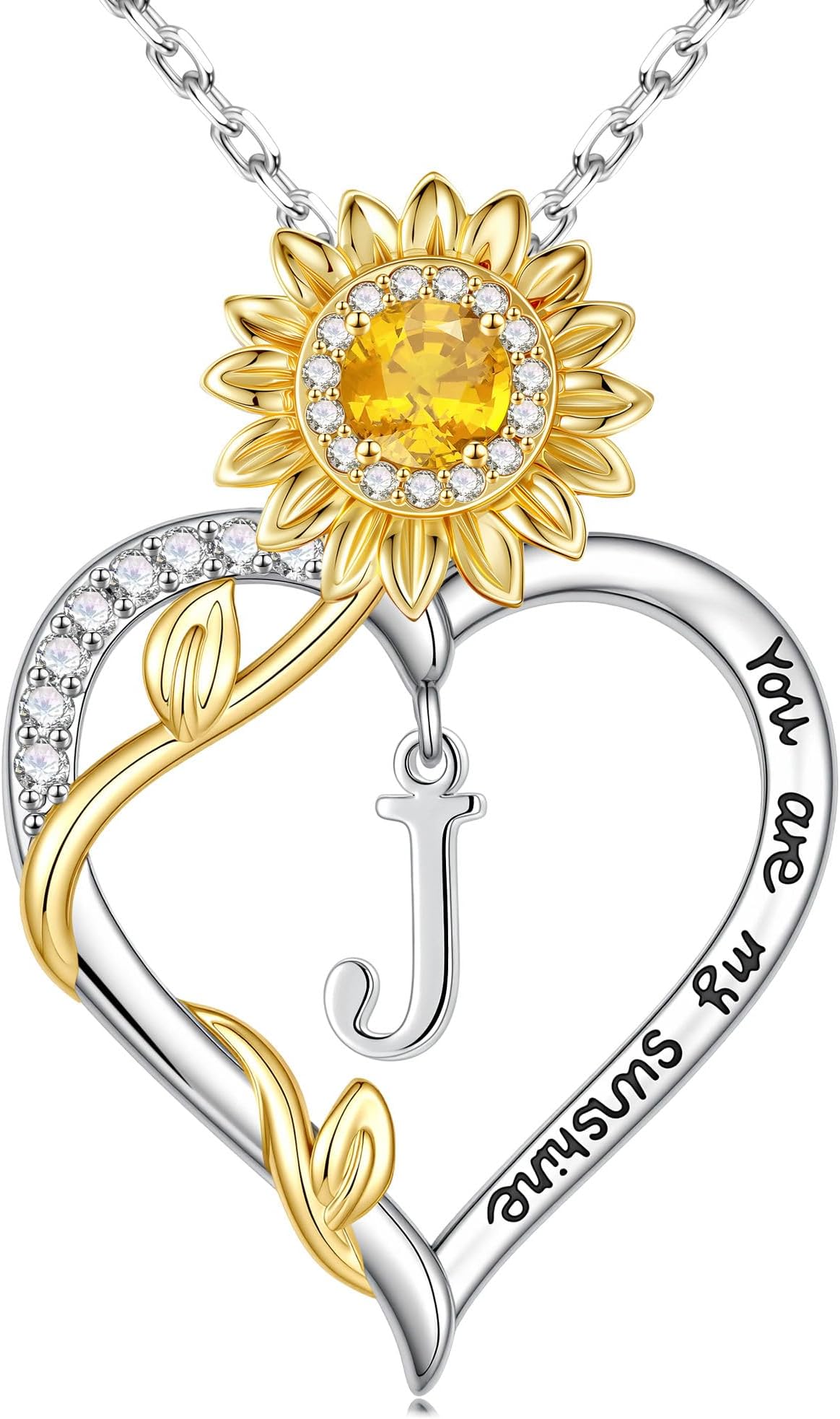 Sunflower Heart Initial Necklaces for Women Girls, Dainty 14K White Gold Plated Initial A-Z Heart Sunflower CZ Pendant Necklace You Are My Sunshine Birthday Personalized Jewelry Gifts for Women Girls