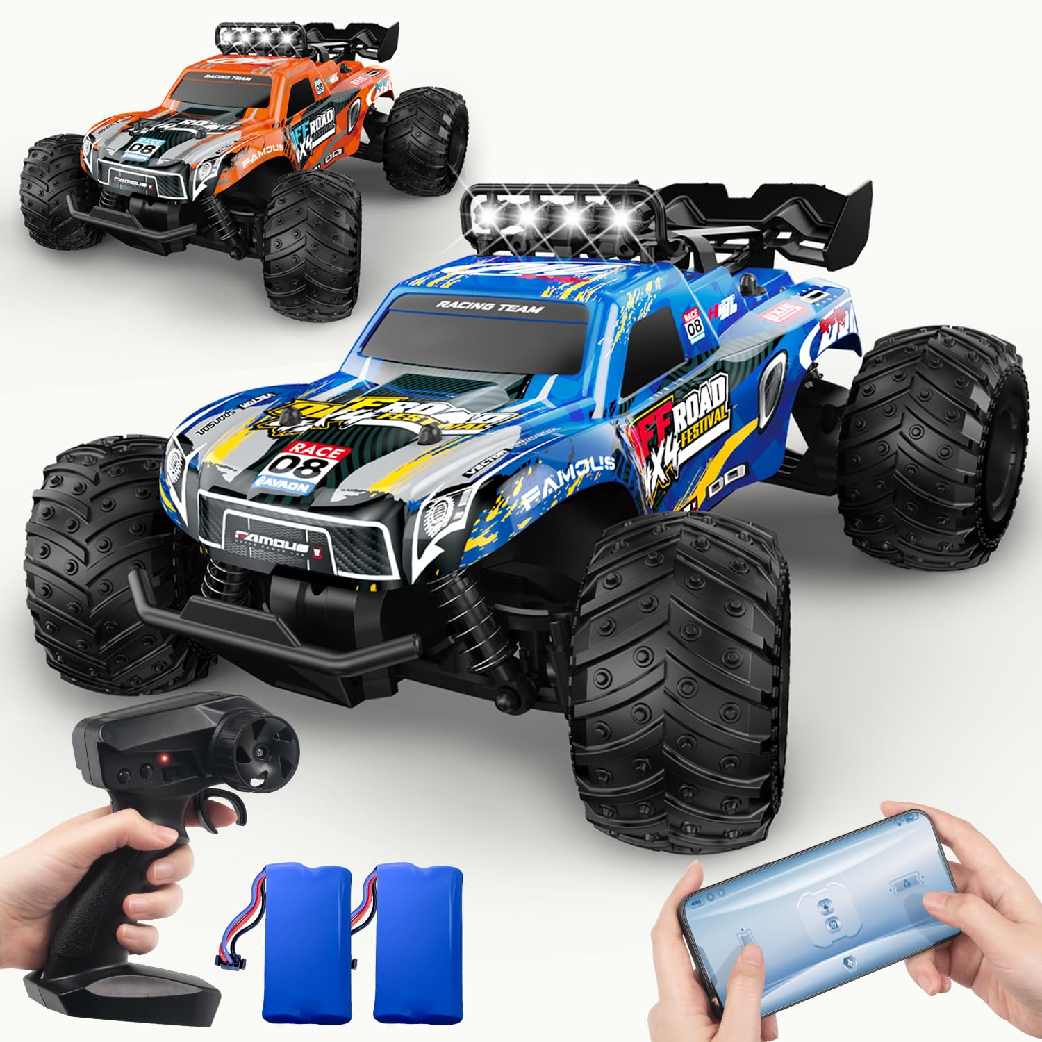 28km/h Ferngesteuertes Auto ab 5 6 jahre, 1:18 Monstertruck Ferngesteuert | RC Auto mit Licht, Ferngesteuertes Auto mit Zwei Karosserie, 2Akku 60 Minuten, 2,4GHz RC Buggy Rennauto ab 5 6 7 8 Jahre