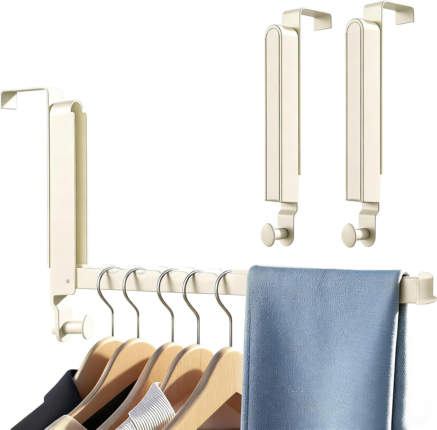 Over The Door Hanger, Cloth Drying Rack Foldable Portable Over The Door Hooks with Retractable Hanging Rod, Over The Door Organizer Coat Rack Hanging Storage for Bedroom Bathroom(2,Milky White)