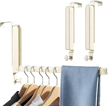 Over The Door Hanger, Cloth Drying Rack Foldable Portable Over The Door Hooks with Retractable Hanging Rod, Over The Door Organizer Coat Rack Hanging Storage for Bedroom Bathroom2,Milky White