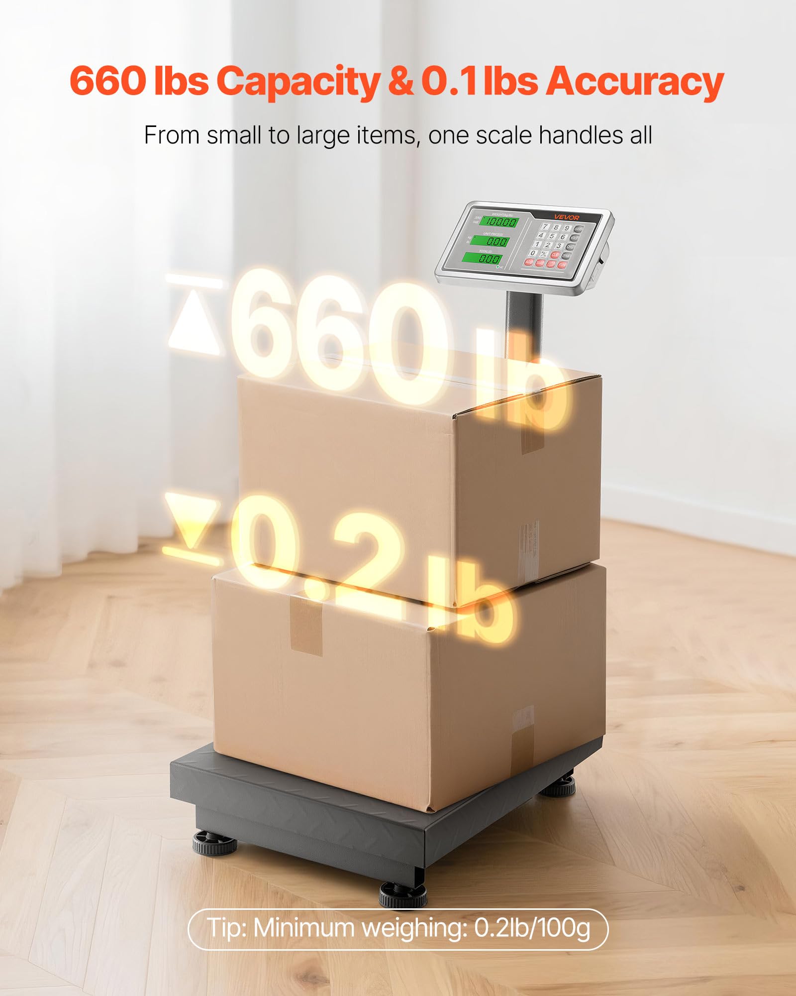 VEVOR Digitale Plattformwaage, 300 kg Tragkraft, 50 g hohe Genauigkeit, elektronische Bodenwaage mit LB/KG, Tara, Preisrechner, AC/DC-Stromversorgung, geeignet für Gepäck, Versand, Pakete, Porto