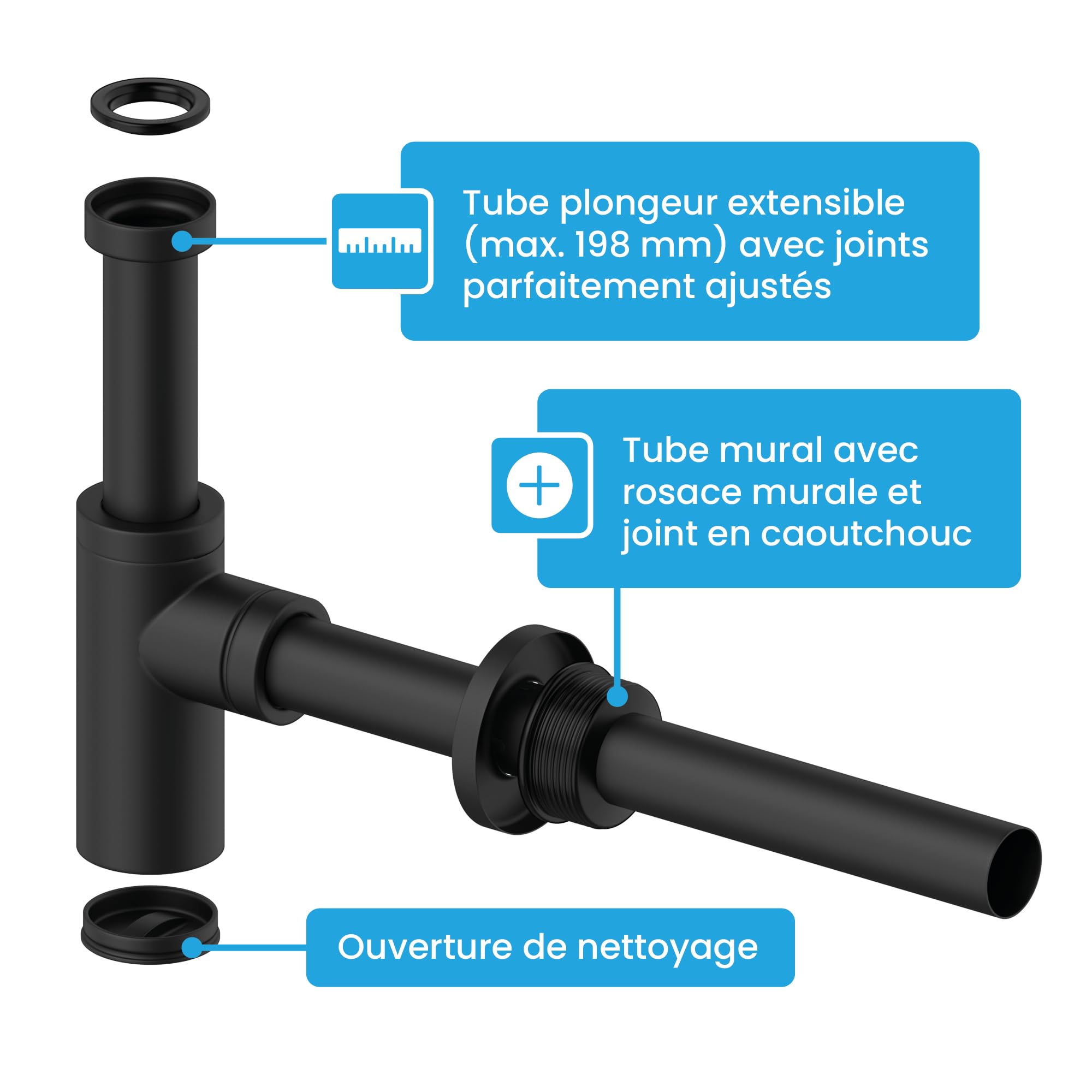 Bächlein Siphon Universel pour Lavabo et Évier – Bonde de Lavabo Design – Siphon Adaptable – Siphon Anti-Odeur avec Orifice de Nettoyage + Mode d’Emploi - Mat Noir