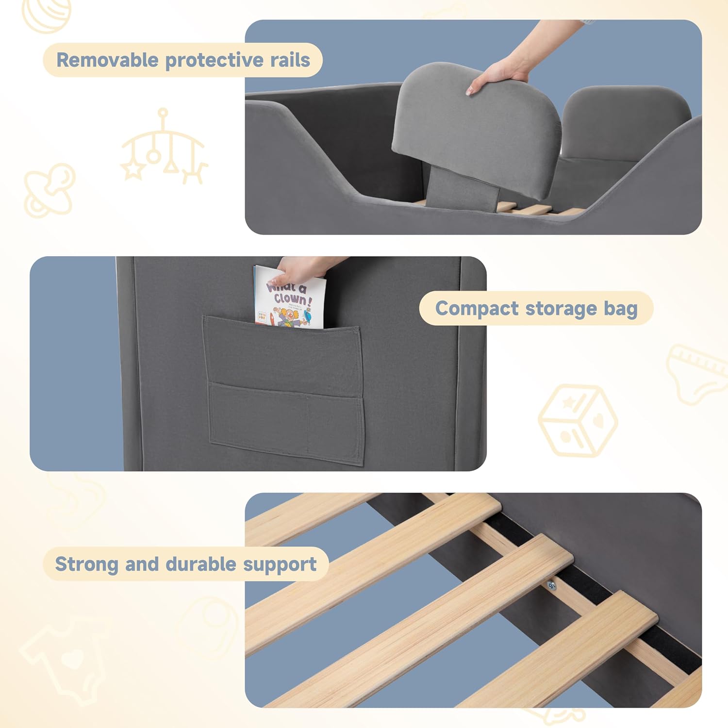 Zumspiel Toddler Bed Frame with 2 Drawer and Storage Bag, Kids Bed with Removable Safety Rails, Standard Crib Size Portable Beds, Safety Upholstered Child Beds for 1-6 Years Old