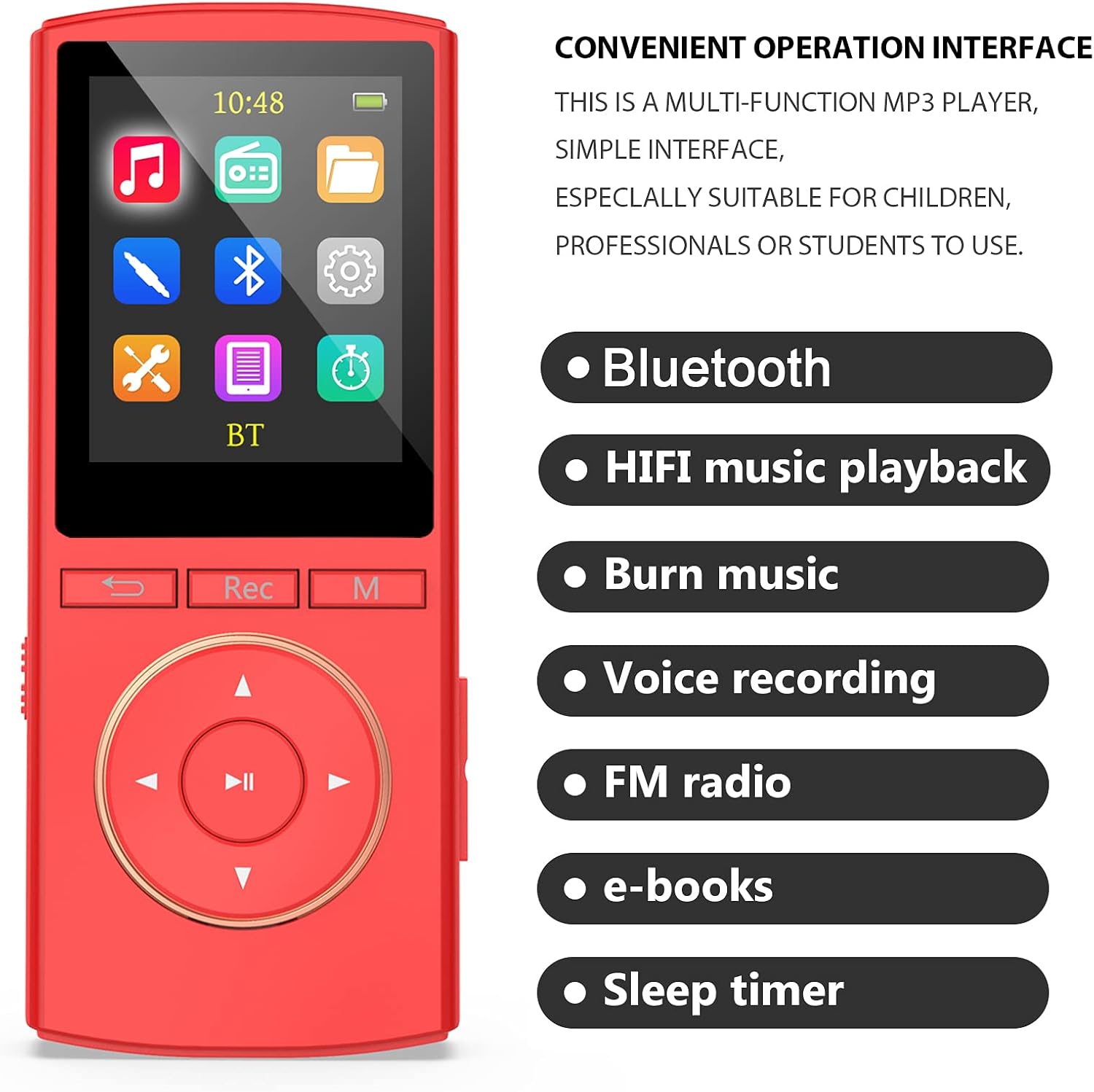 MP3 Player 64GB with Bluetooth, Digital HiFi Lossless Sound, Line in Burn Music, Voice Recorder, Sleep Timer, FM, Long Battery Life(red) - Image 2