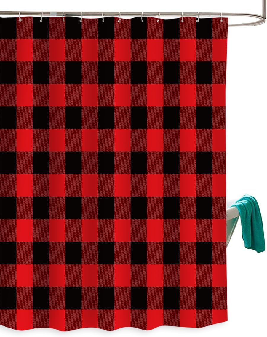 Prime Leader Shower Curtains for Bathroom Sets Red Black Buffalo Check Plaids Christmas Bath Curtain Durable Waterproof Polyester Washable Shower Curtain Bathroom Accessories with Hooks 72" x 72"