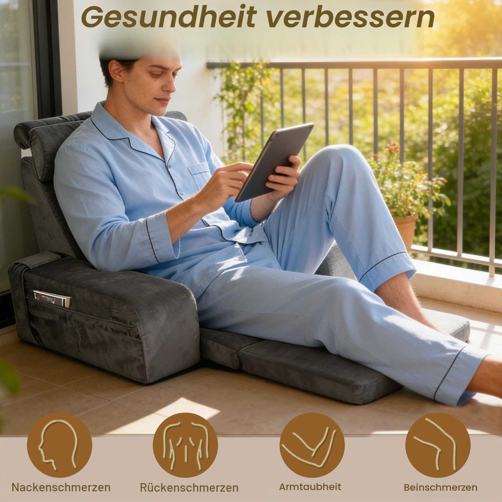 Lesekissen für Bett und Sofa,Rückenkissen Bett mit Abnehmbarer Nackenrolle,Armlehnen und Taschen,Groß Erwachsenen Rückenkissen für Lesesitzkissen zum Lesen,Entspannen,Fernsehen,Maschinenwaschbar