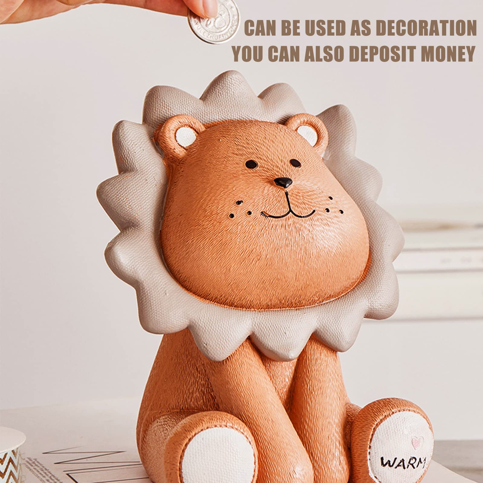 Salvadanaio Per Bambini A Forma Di Leone, In Resina Marrone, Infrangibile, Dimensioni 13x12x17 Cm