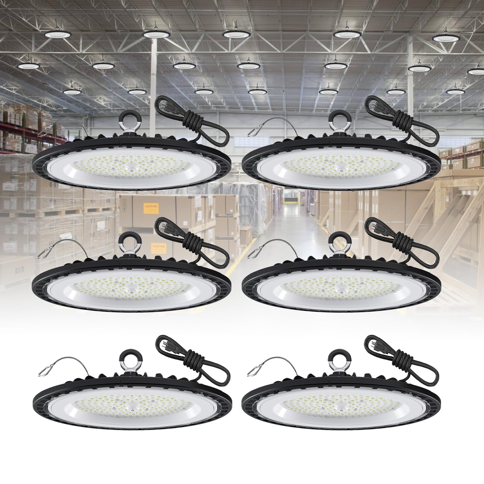 6 Pack UFO LED High Bay Light 200W 21000 LM 5000K with 5ft Power Cord US Plug Bright