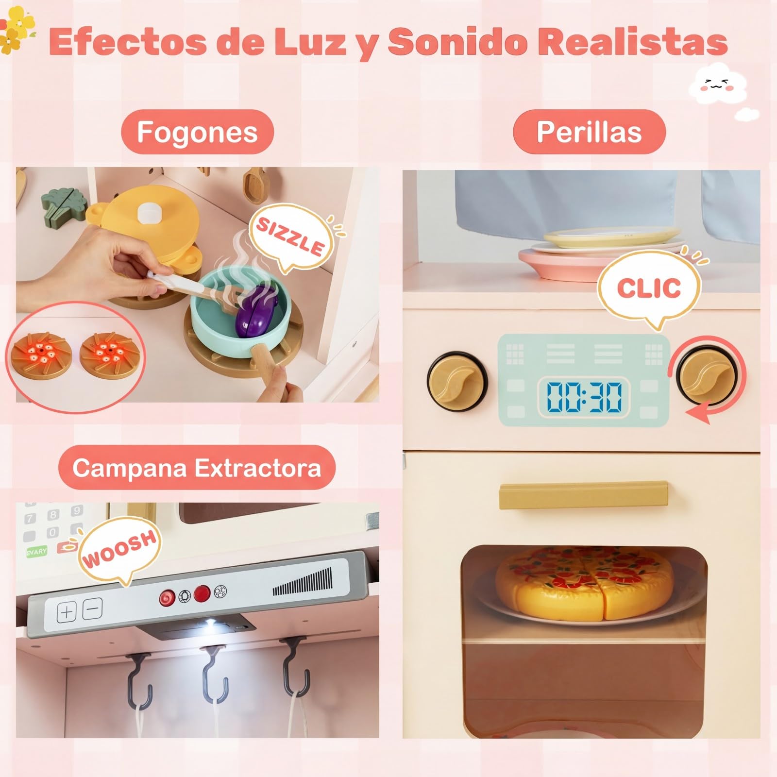 COSTWAY Cocina Juguete en Esquina con Luces y Sonidos, Cocinita Infantil con Refrigerador de Doble Puerta, Hielera, Microondas, Cocina de Madera con Almacenaje para Niños de 3+ Años (Rosa)