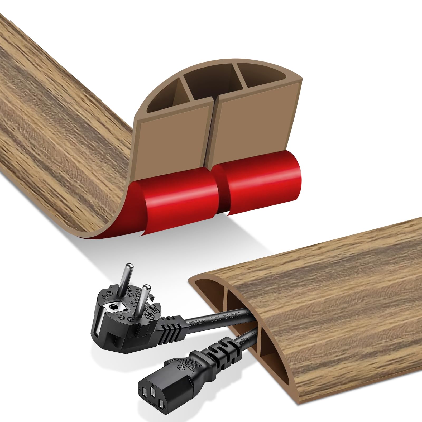 Floor Cable Cover, 3m Self-Adhesive Rubber Floor Cable Protector Outdoor Wire Cover to Protect Cables & Prevent Trip Hazards, Floor Cable Tidy for Home, Garages, Offices (Smoked Wood)
