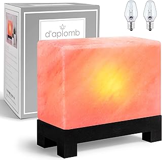 100% Authentic Natural Himalayan Salt Lamp; Hand-Carved Modern Rectangle Rare Pink Crystal Rock Salt from The Himalayan Mountain; Footed Wood Base, Dimmer Cord + Extra Bulb; 11.5 lbs
