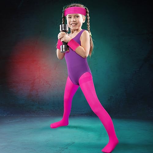 Miniatura 5 de Giegxin Disfraz de entrenamiento de los años 80 para niños, accesorios de traje de Halloween, leotardo retro de neón, leggings, diadema, pulsera,