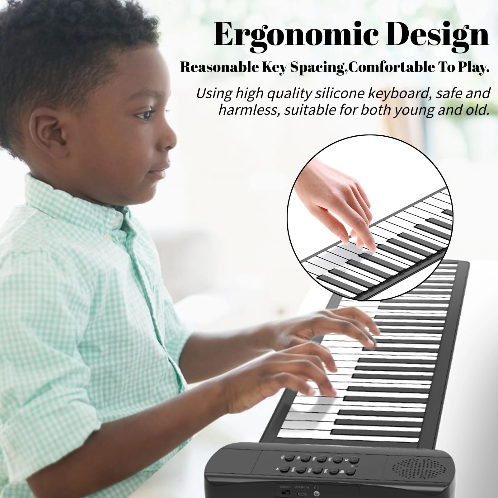 Tragbares Klavier mit 49 Tasten, Elektrische Aufrollbare Flexible Klaviertastatur für, Anfänger, Erwachsene, Unterstützt 4D-Surround-Sound, USB-batteriebetrieben