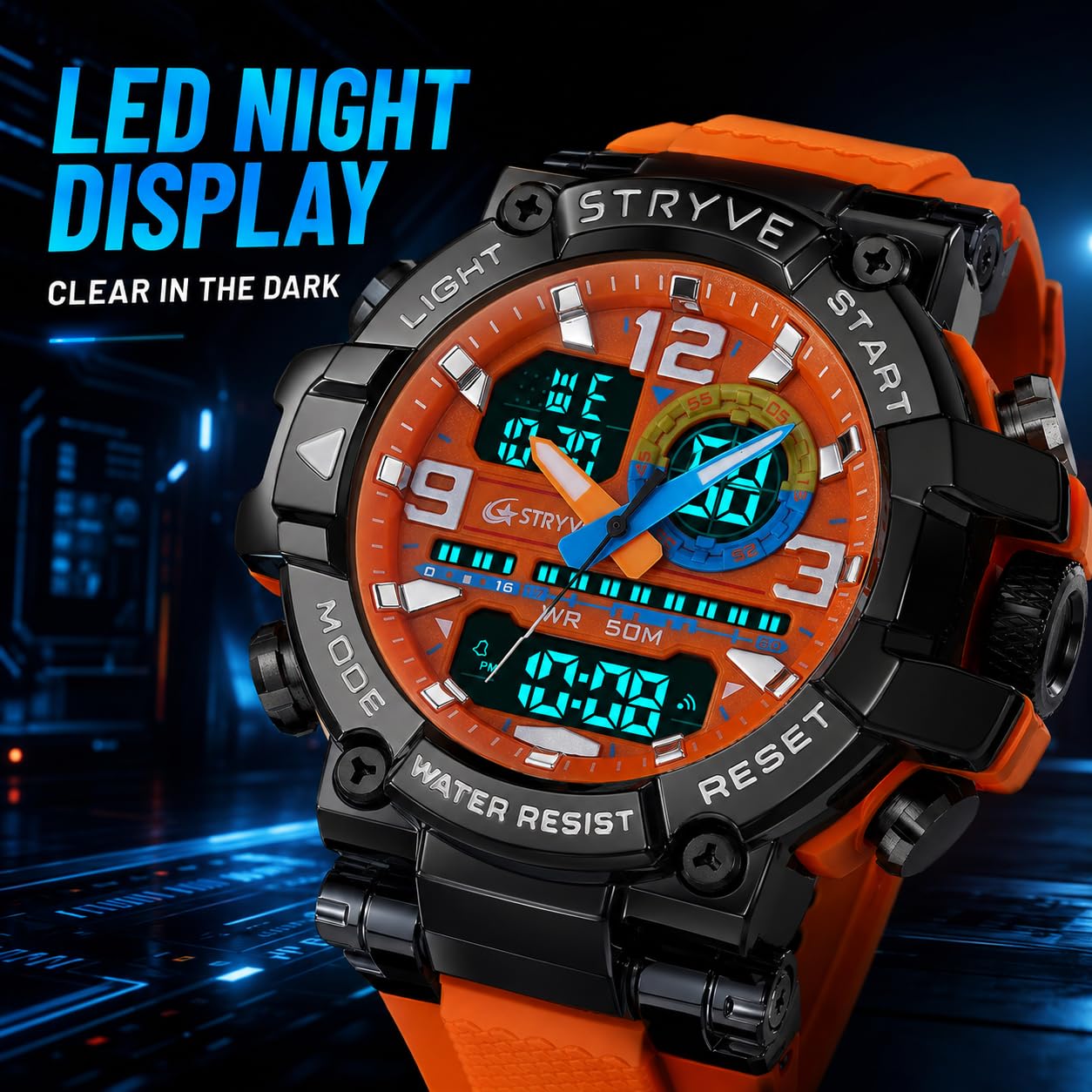 MASTOP Montre de sport colorée pour homme - Grand cadran - 55 mm - Étanche jusqu'à 50 m - Étanche jusqu'à 50 m - Style militaire - Affichage de la date - Alarme LED - Robuste - Pour l'entraînement, la